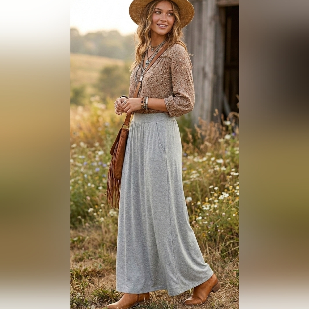 NWT Three Birds Nest Heather Gray Maxi Skirt With Pockets